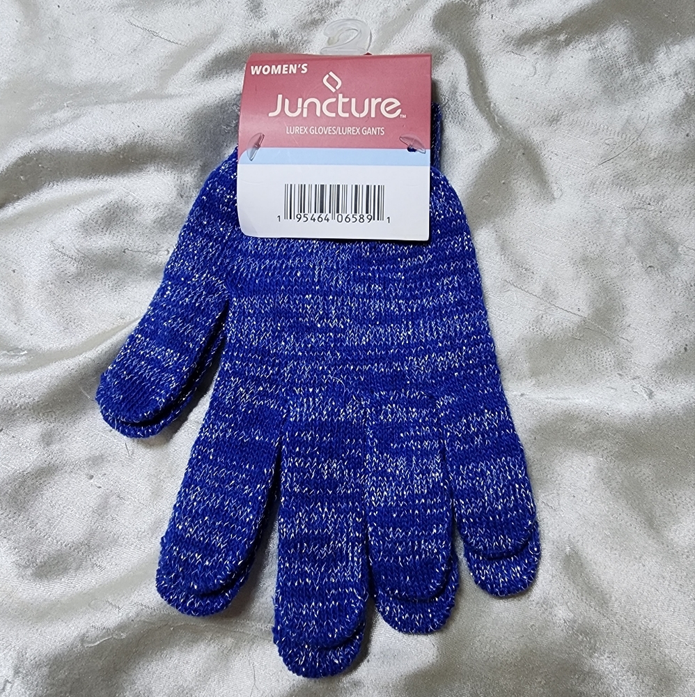 NWT Women's Juncture Lurex Blue Silver Threads Stretch Knit Gloves